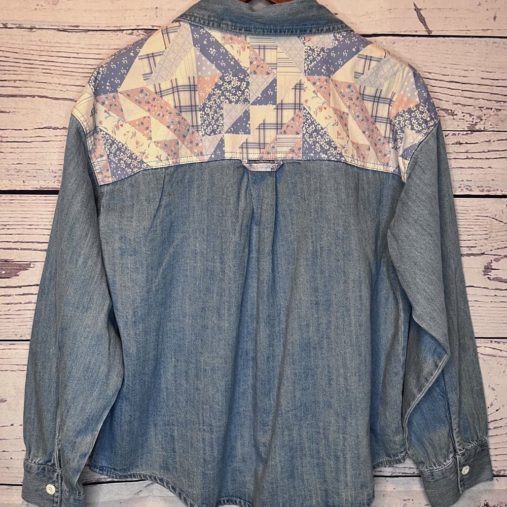 Forever 21 Patchwork Cottage Core Boho Long Sleeve Chambray Button Up Shirt SZ M
